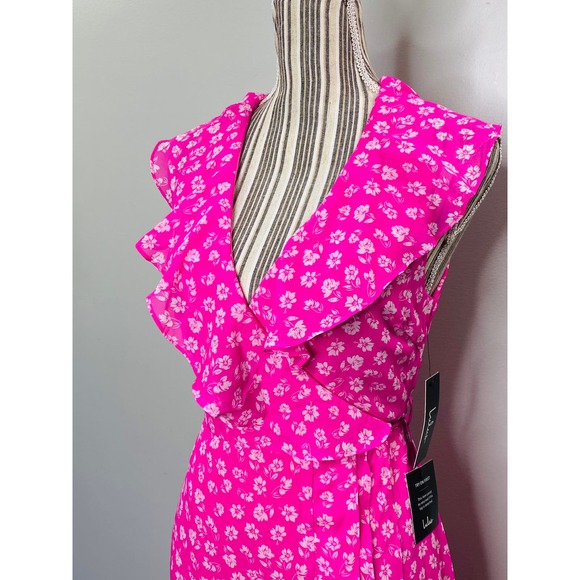 Lulu's Cornelia Pink Floral Ruffle Wrap Dress Women Sm Barbiecore Brunch Femme - Picture 7 of 12